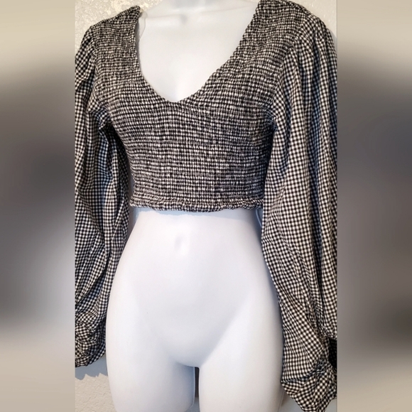 Gingham Checkered Smocked Crop Top Long Balloon Exaggerated Bishop Sleeves Small - Picture 5 of 6